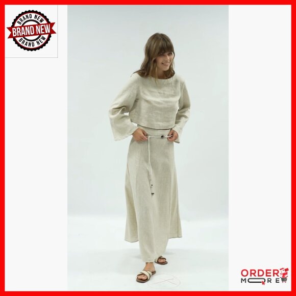 100% Linen Maxi Skirt with Belt A-Line Relaxed Fit High Rise - Picture 6 of 7